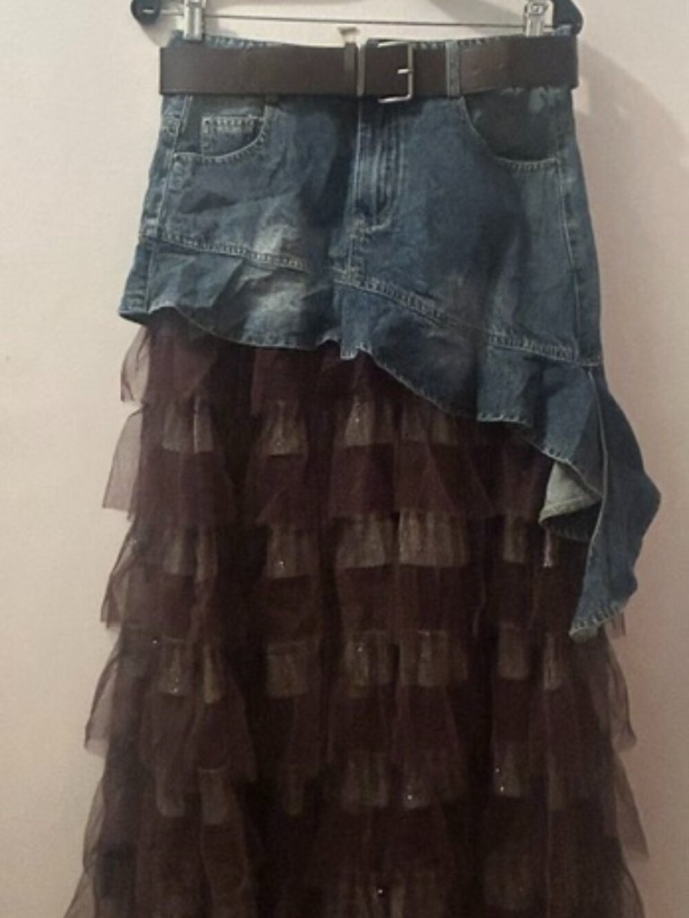 Luxe & Leather by Madonna & Co Lush Brown Tulle-Denim Belted Glitter Skirt NEW